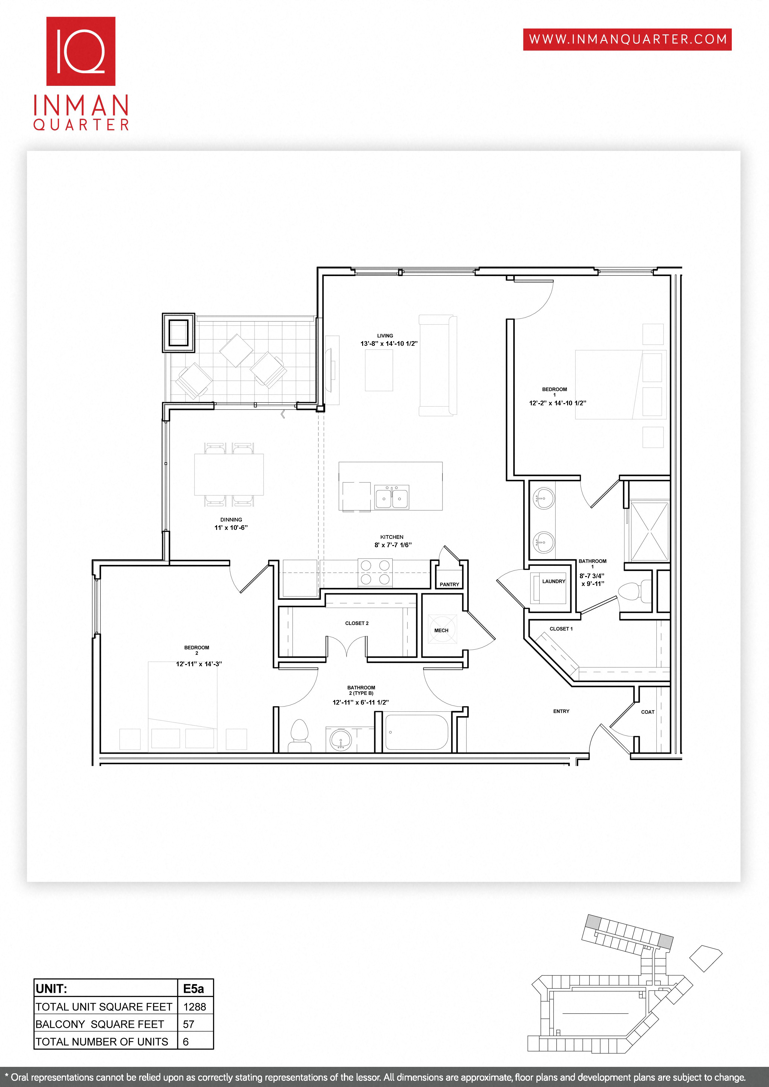 Floor plan for 2 beds, 2 baths, 1288 sqft
